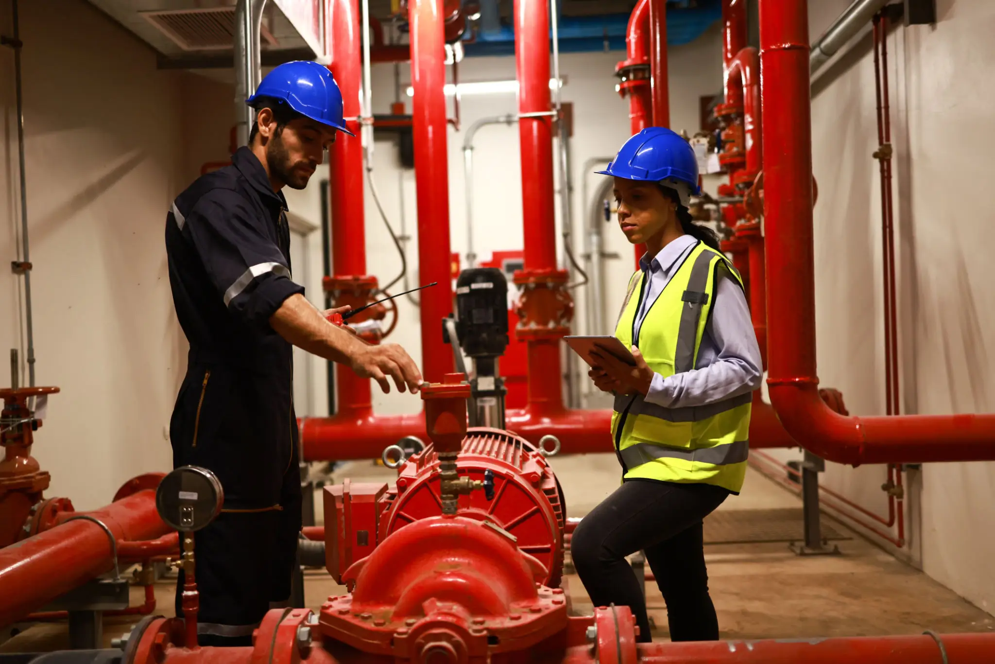 Two workers inspect a red industrial pump system indoors.